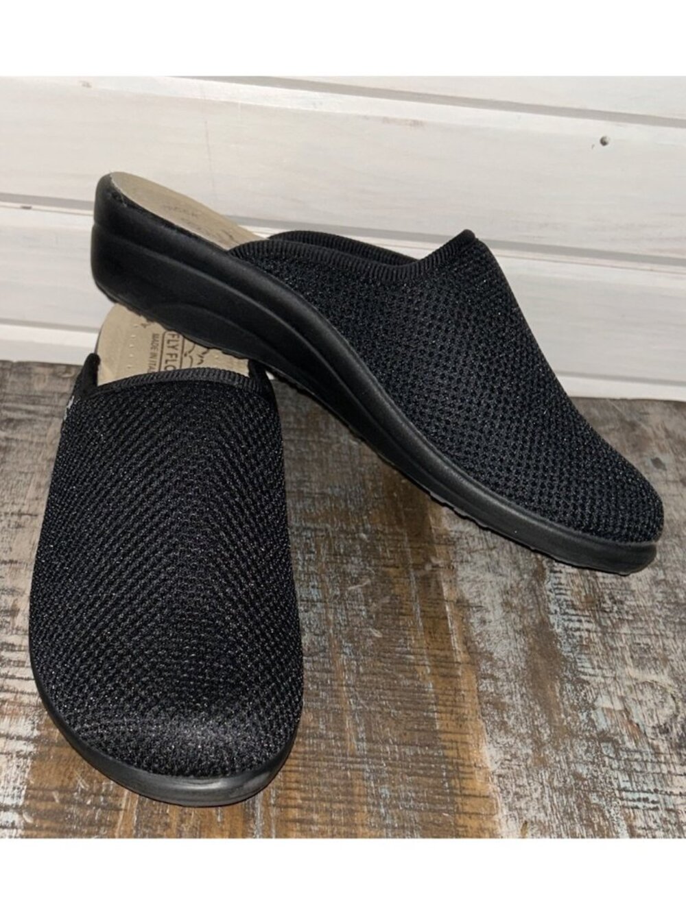FLY FLOT Sz EU 41 US 9.5 Black Wedge Mesh Comfort Clogs Mules Women’s Shoes